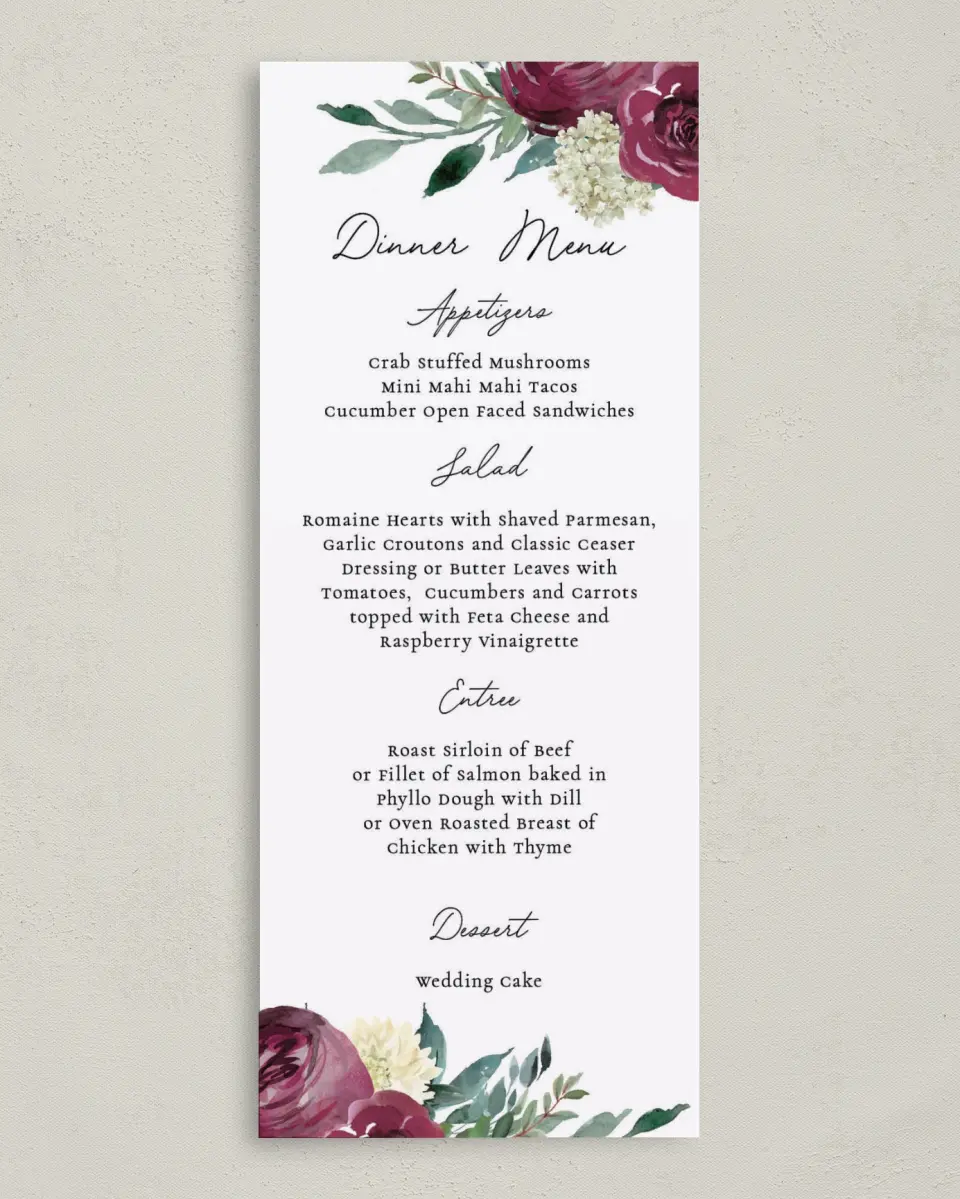 This is a 3⅝" x 8⅞" Wedding Menu Card called Floral Touch printed in full color on Premium Smooth paper