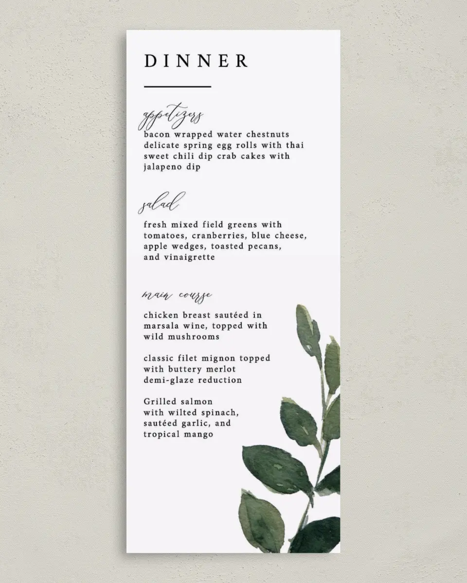 This is a 3⅝" x 8⅞" Wedding Menu Card called All for Love printed in full color on Premium Smooth paper