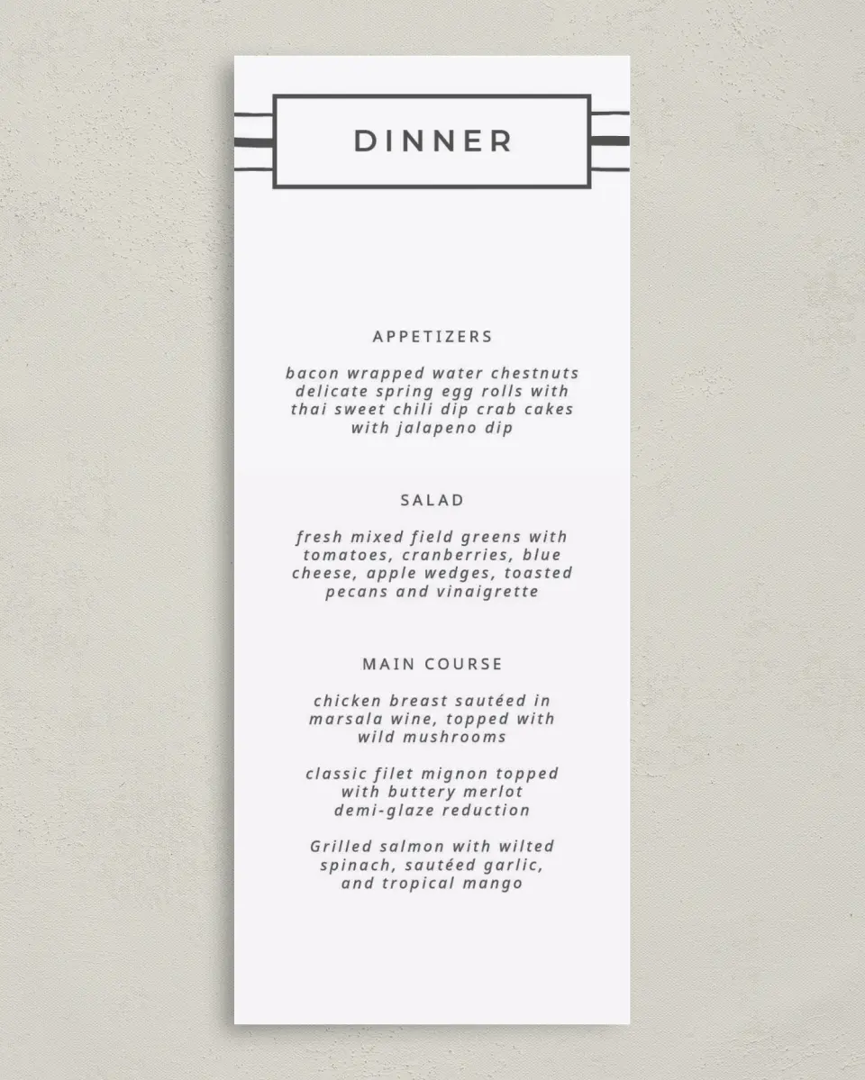 This is a 3⅝" x 8⅞" Wedding Menu Card called Love on the Line printed in full color on Premium Smooth paper