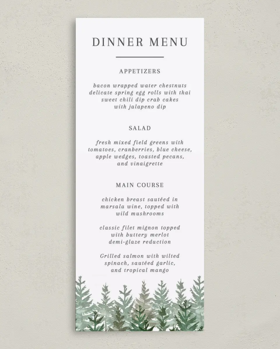 This is a 3⅝" x 8⅞" Wedding Menu Card called Ethereal Evergreens printed in full color on Premium Smooth paper