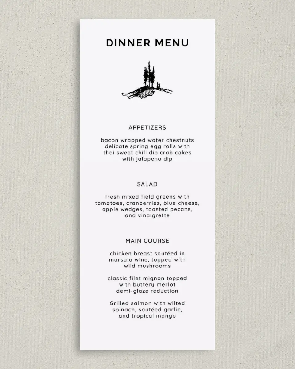 This is a 3⅝" x 8⅞" Wedding Menu Card called Mountain Romance printed in full color on Premium Smooth paper