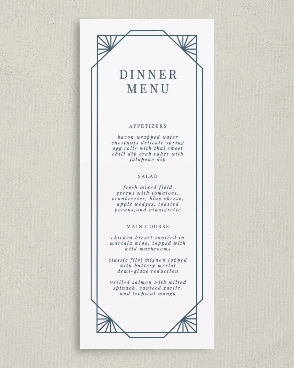 This is a 3⅝" x 8⅞" Wedding Menu Card called Mod Deco printed in full color on Premium Smooth paper