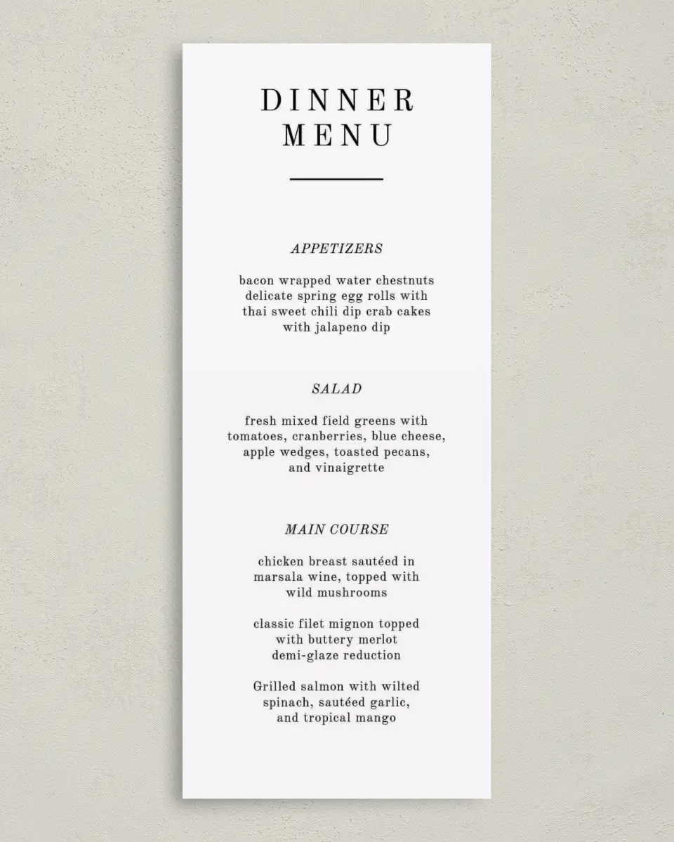 This is a 3⅝" x 8⅞" Wedding Menu Card called Shield of Love printed in full color on Premium Smooth paper