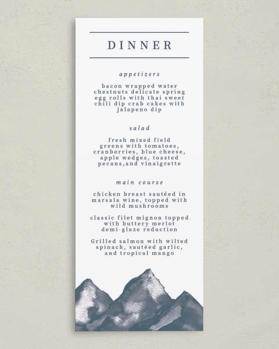 This is a 3⅝" x 8⅞" Wedding Menu Card called Perfect Peak printed in full color on Premium Smooth paper
