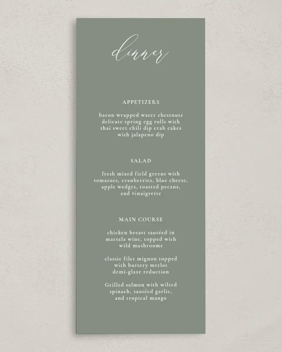 This is a 3⅝" x 8⅞" Wedding Menu Card called Minimalist Type printed in full color on Premium Smooth paper