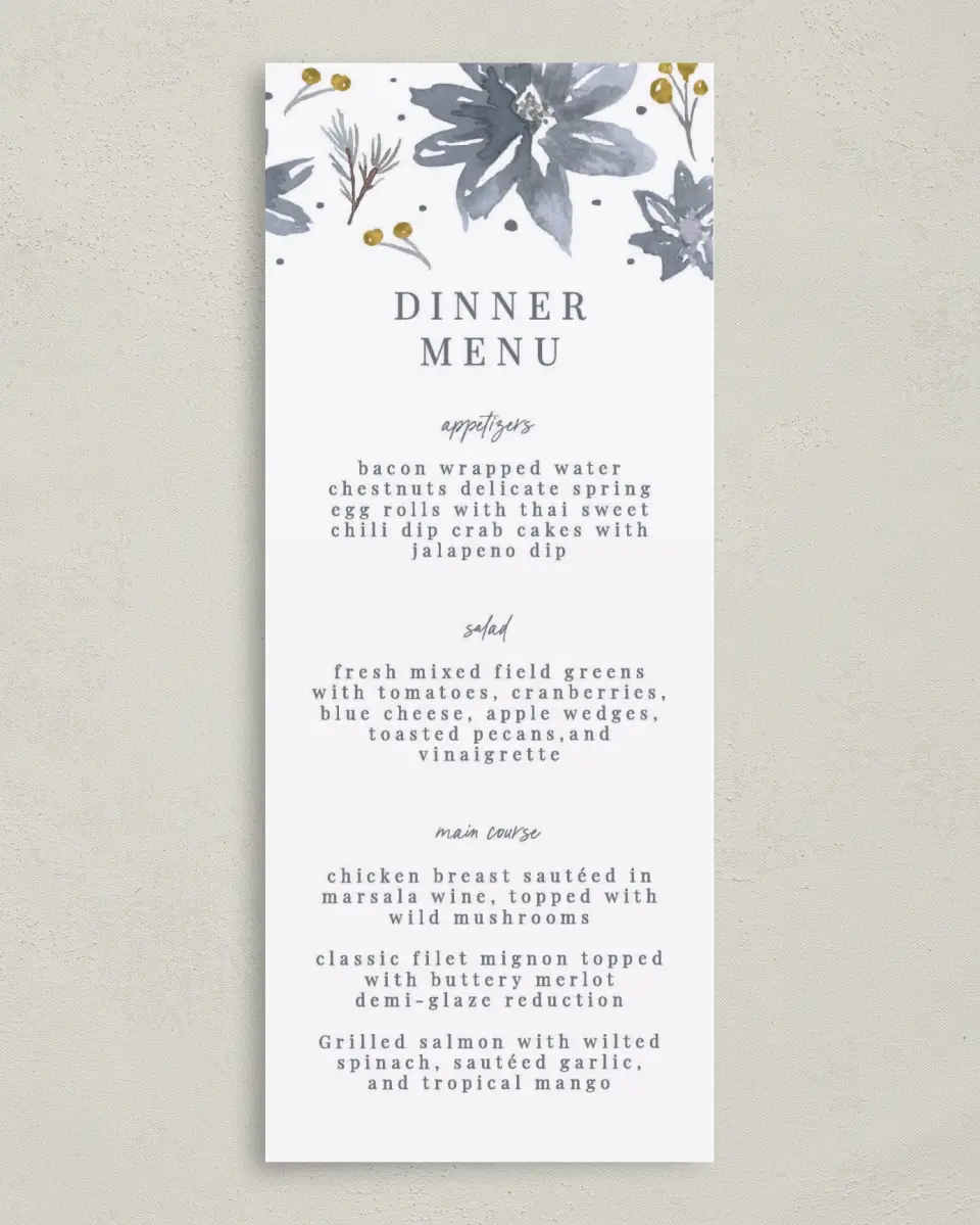 This is a 3⅝" x 8⅞" Wedding Menu Card called Winter Floral printed in full color on Premium Smooth paper