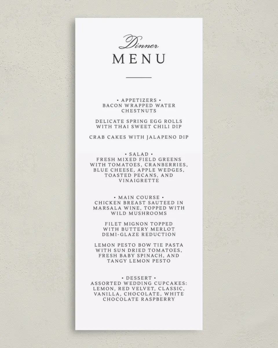 This is a 3⅝" x 8⅞" Wedding Menu Card called Elegant Unity printed in full color on Premium Smooth paper