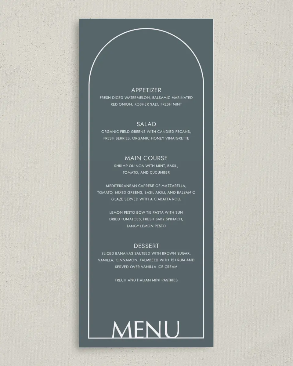 This is a 3⅝" x 8⅞" Wedding Menu Card called Mod Shapes printed in full color on Premium Smooth paper