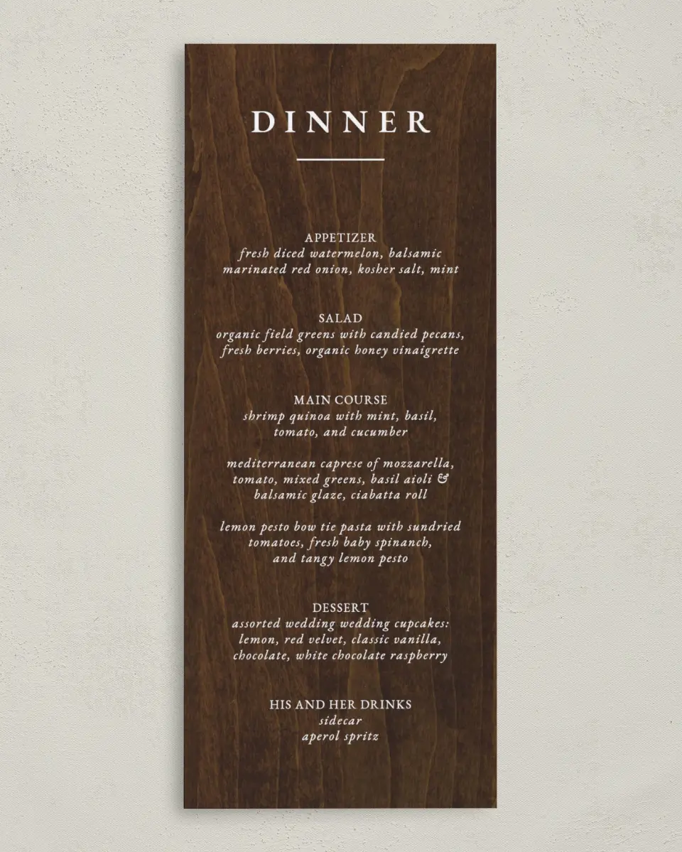 This is a 3⅝" x 8⅞" Wedding Menu Card called Rustic Antler printed in full color on Premium Smooth paper