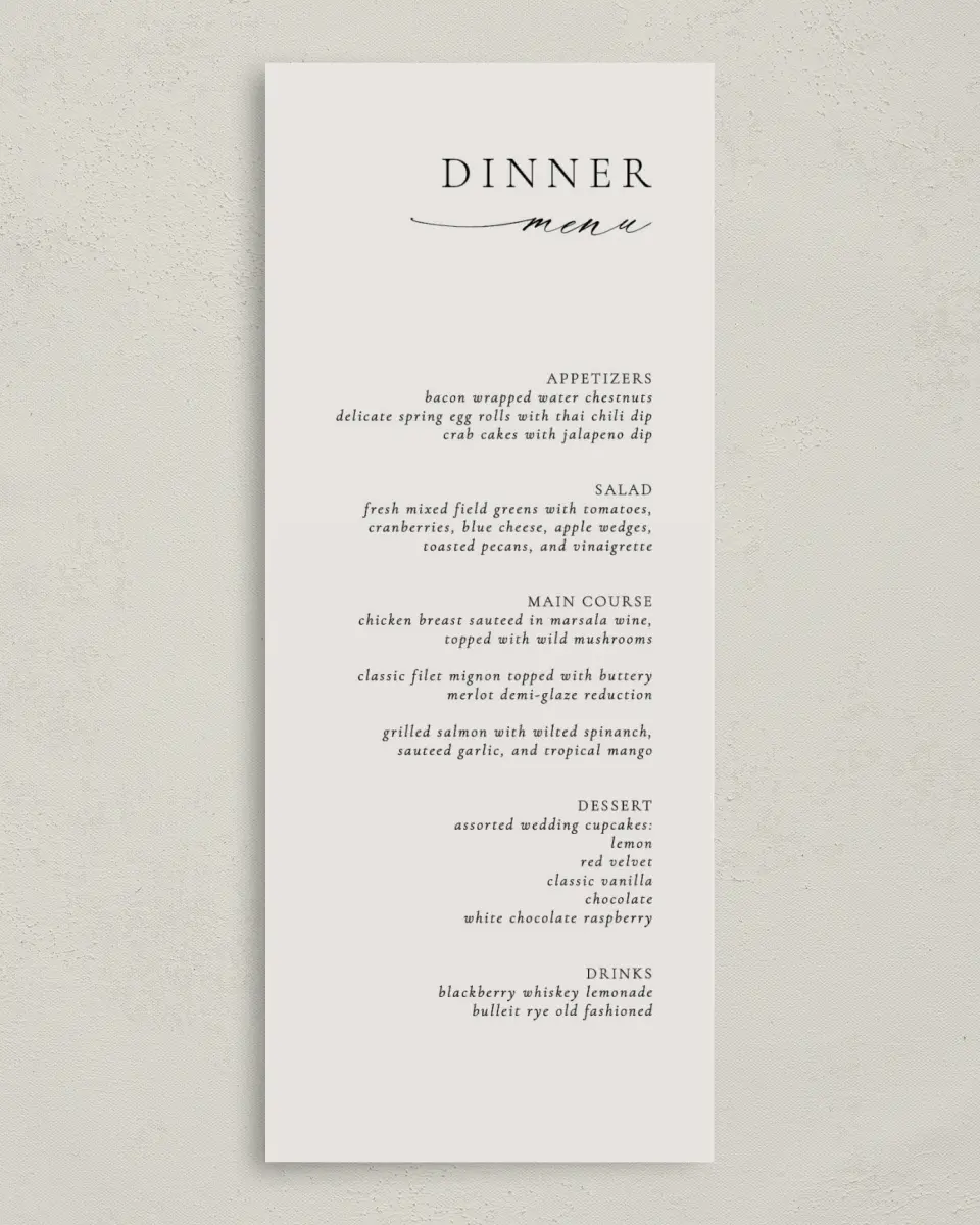 This is a 3⅝" x 8⅞" Wedding Menu Card called Simply Elegant printed in full color on Premium Smooth paper