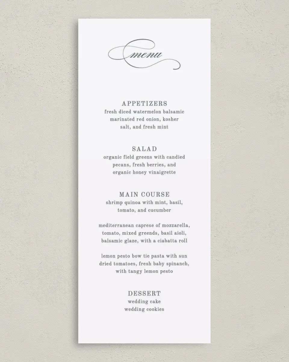This is a 3⅝" x 8⅞" Wedding Menu Card called Bold Blooms printed in full color on Premium Smooth paper
