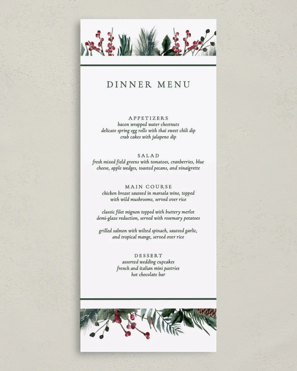 This is a 3⅝" x 8⅞" Wedding Menu Card called Festive Celebration printed in full color on Premium Smooth paper