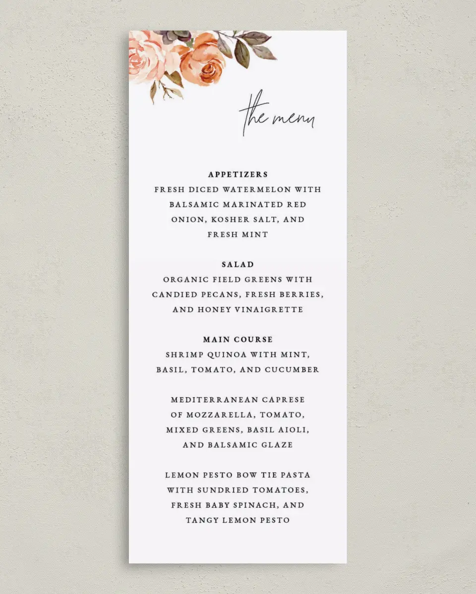 This is a 3⅝" x 8⅞" Wedding Menu Card called Romantic Garden printed in full color on Premium Smooth paper