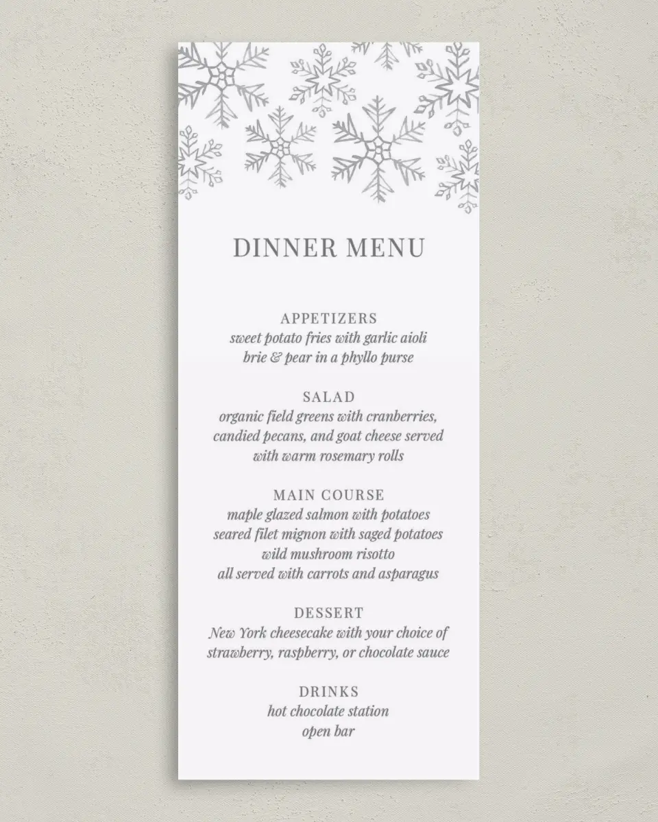 This is a 3⅝" x 8⅞" Wedding Menu Card called Sweet Snowflakes printed in full color on Premium Smooth paper