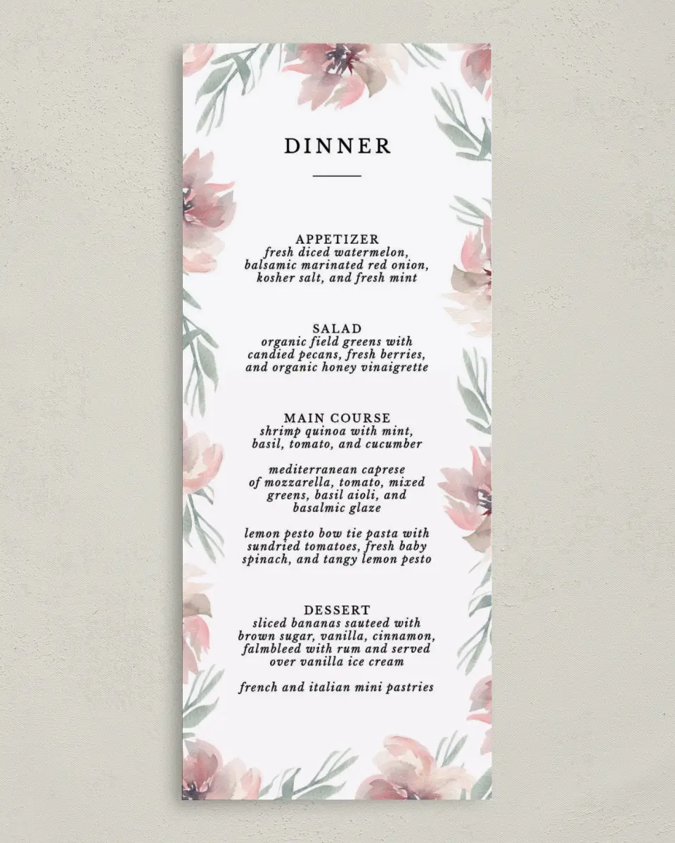 This is a 3⅝" x 8⅞" Wedding Menu Card called Soft Florals printed in full color on Premium Smooth paper