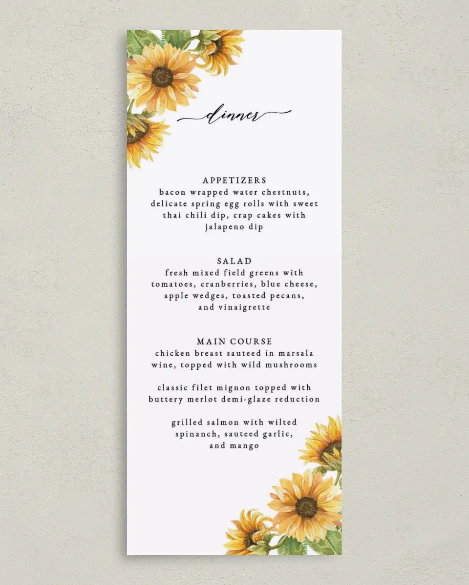 This is a 3⅝" x 8⅞" Wedding Menu Card called Sunflower Bliss printed in full color on Premium Smooth paper