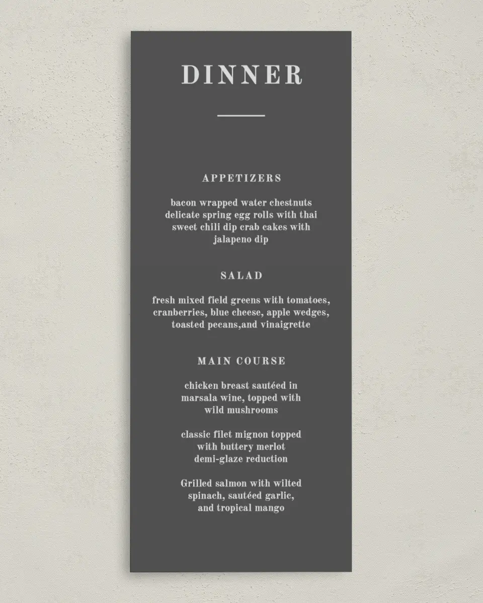 This is a 3⅝" x 8⅞" Wedding Menu Card called Glory Day printed in full color on Premium Smooth paper