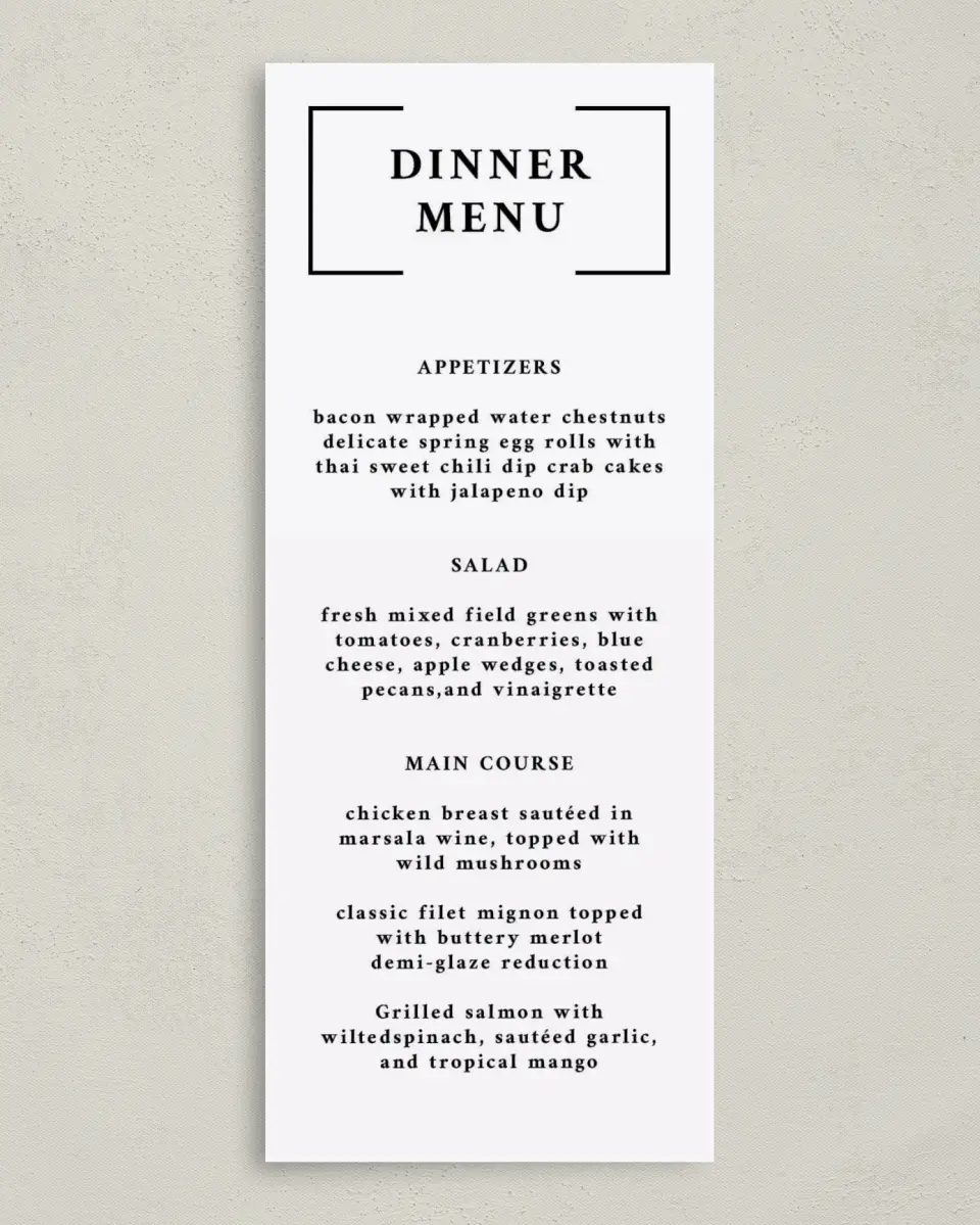 This is a 3⅝" x 8⅞" Wedding Menu Card called Bright Brace printed in full color on Premium Smooth paper
