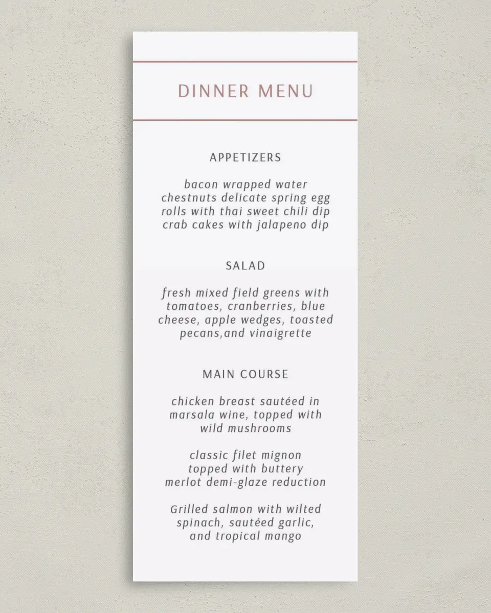 This is a 3⅝" x 8⅞" Wedding Menu Card called Expansive Line printed in full color on Premium Smooth paper