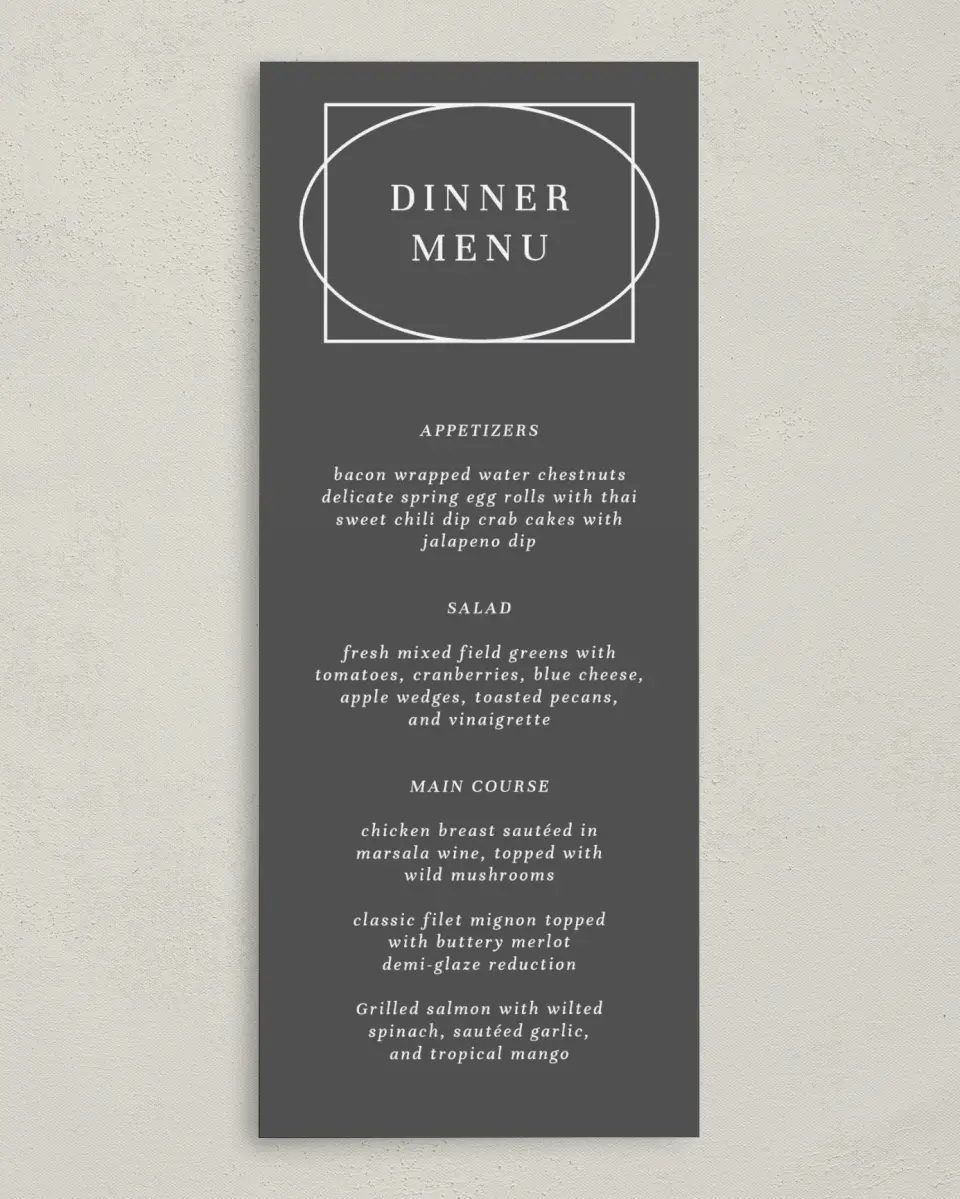 This is a 3⅝" x 8⅞" Wedding Menu Card called Graphic Enclosure printed in full color on Premium Smooth paper