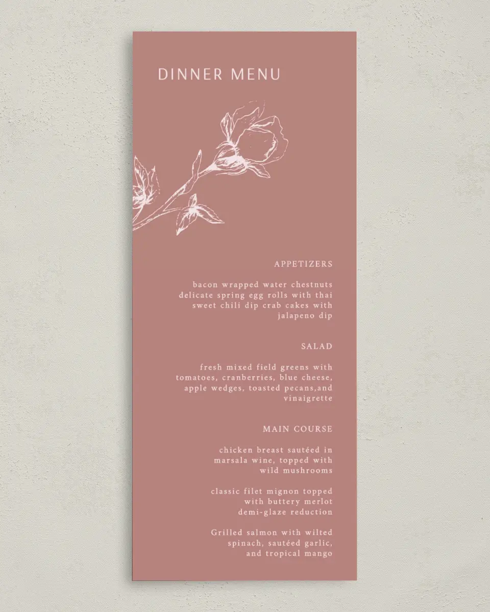 This is a 3⅝" x 8⅞" Wedding Menu Card called Blooming Bud printed in full color on Premium Smooth paper