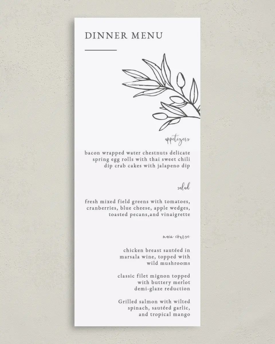 This is a 3⅝" x 8⅞" Wedding Menu Card called Branch Sketch printed in full color on Premium Smooth paper