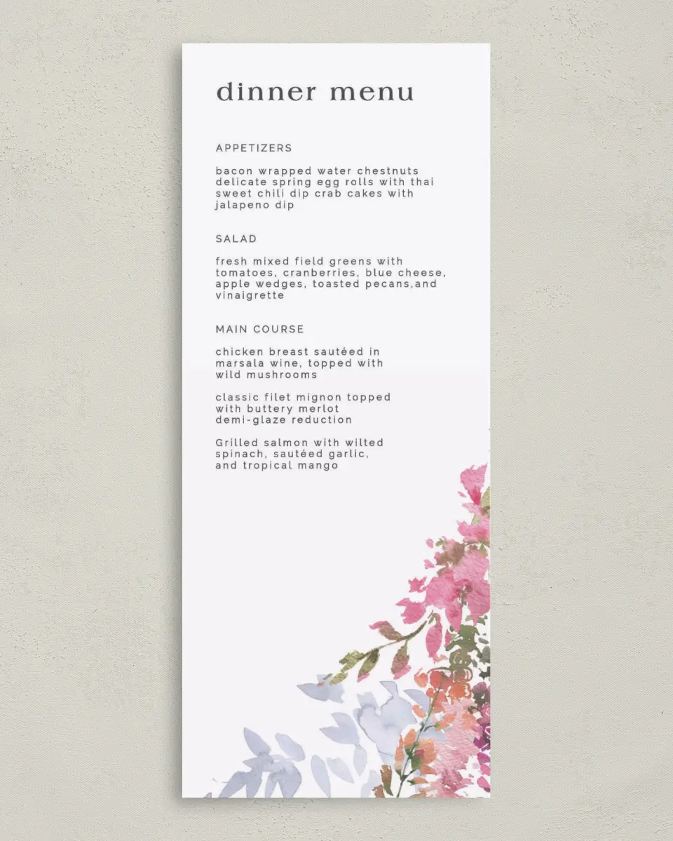 This is a 3⅝" x 8⅞" Wedding Menu Card called Blushing Bouquet printed in full color on Premium Smooth paper