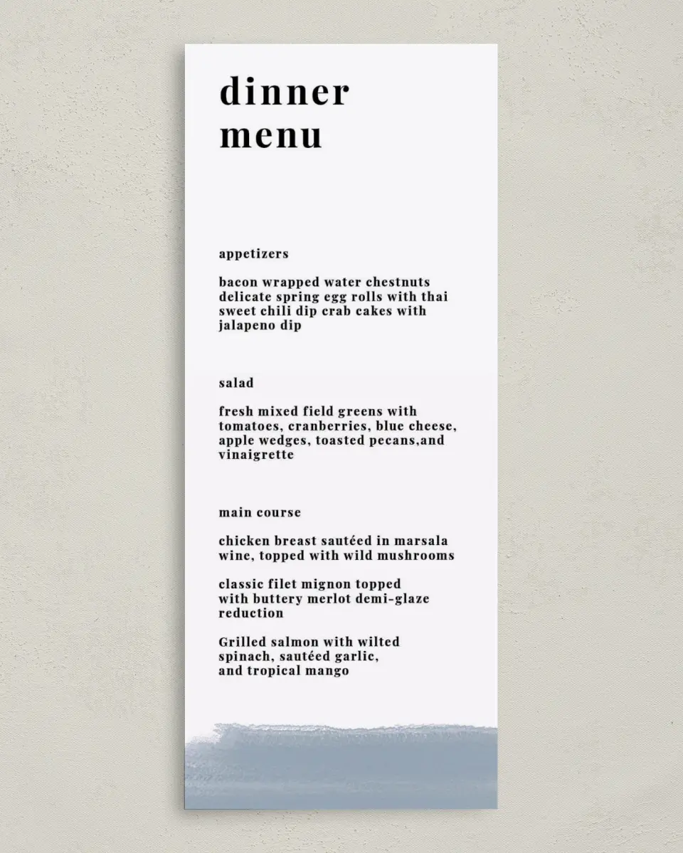 This is a 3⅝" x 8⅞" Wedding Menu Card called Favorite Place printed in full color on Premium Smooth paper