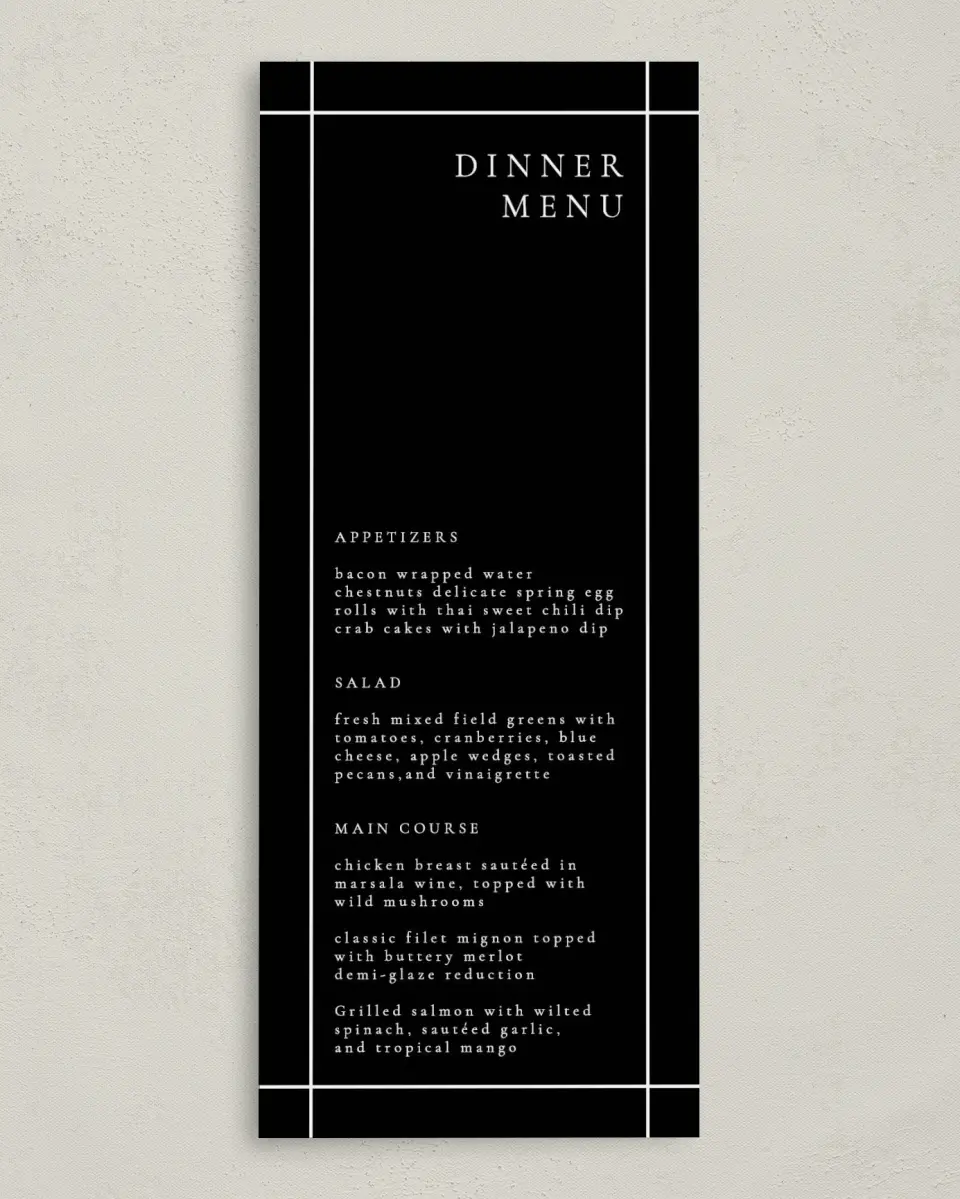 This is a 3⅝" x 8⅞" Wedding Menu Card called Modern Trim printed in full color on Premium Smooth paper