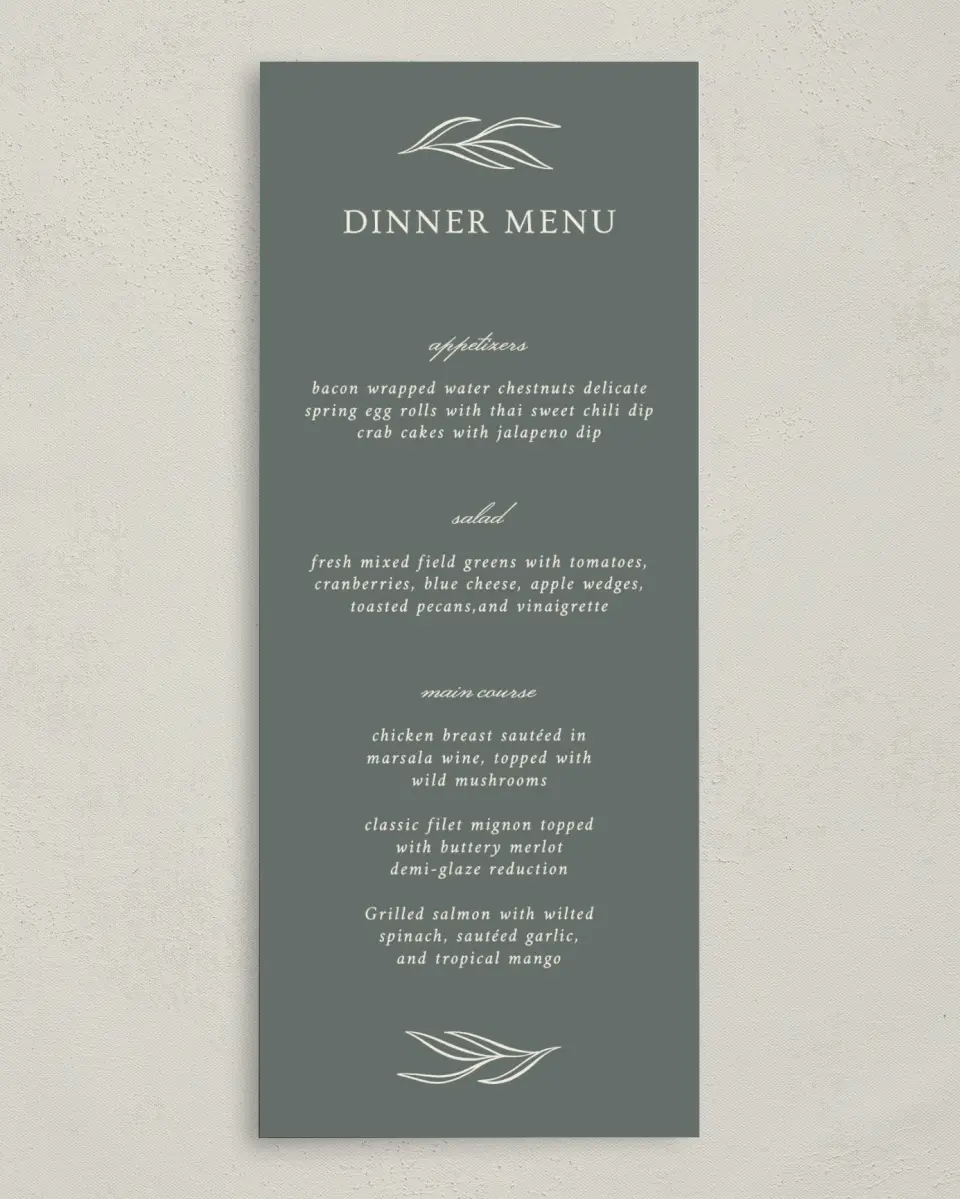 This is a 3⅝" x 8⅞" Wedding Menu Card called Whisper Twig printed in full color on Premium Smooth paper