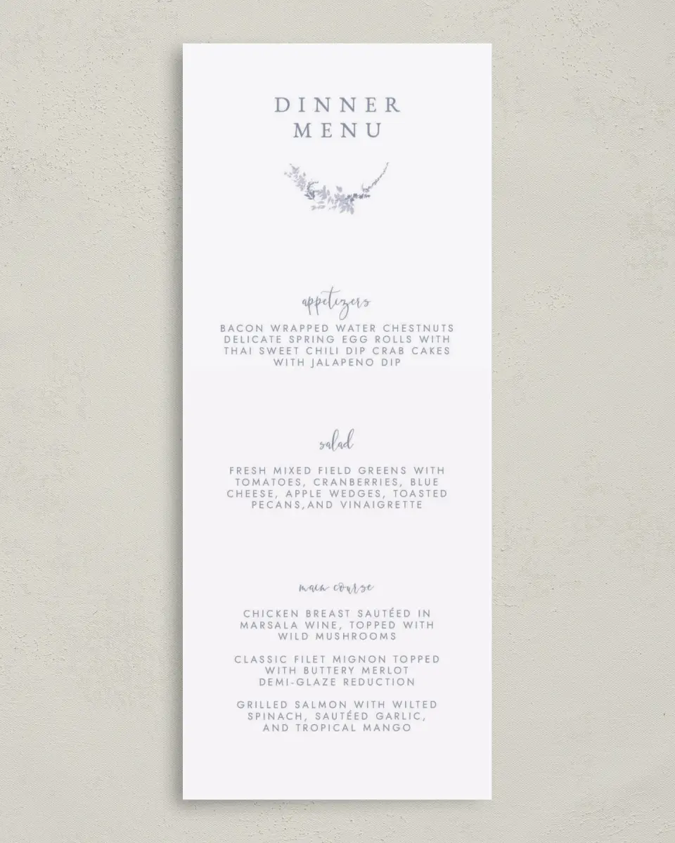 This is a 3⅝" x 8⅞" Wedding Menu Card called Dainty Wreath printed in full color on Premium Smooth paper