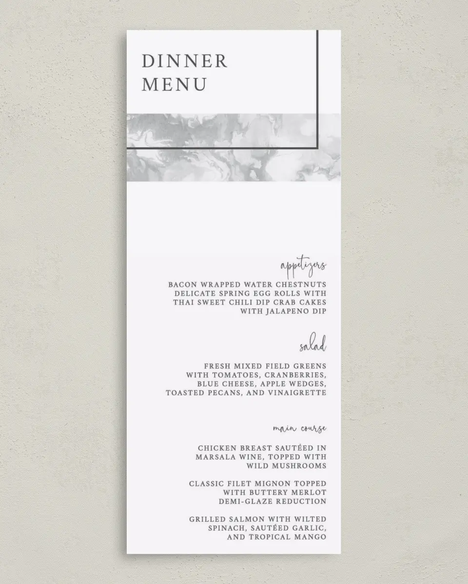 This is a 3⅝" x 8⅞" Wedding Menu Card called Joined Lines printed in full color on Premium Smooth paper