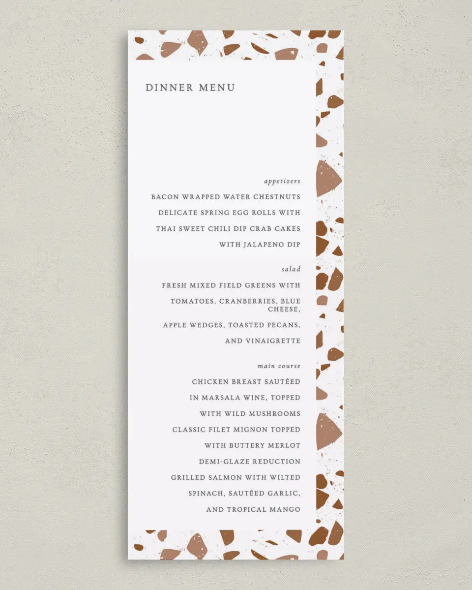 This is a 3⅝" x 8⅞" Wedding Menu Card called Cornerstone of Love printed in full color on Premium Smooth paper