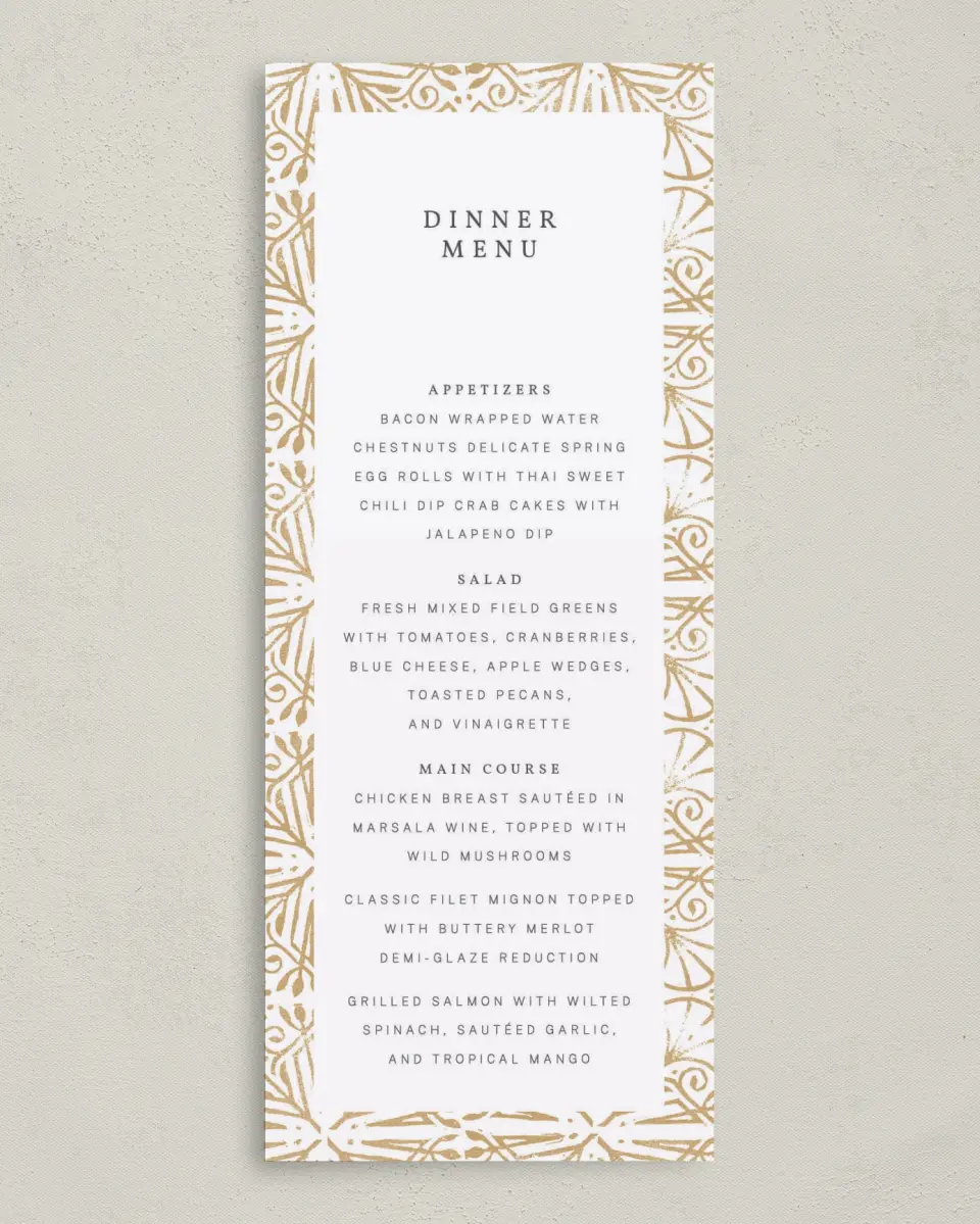 This is a 3⅝" x 8⅞" Wedding Menu Card called Decorated Luxury printed in full color on Premium Smooth paper