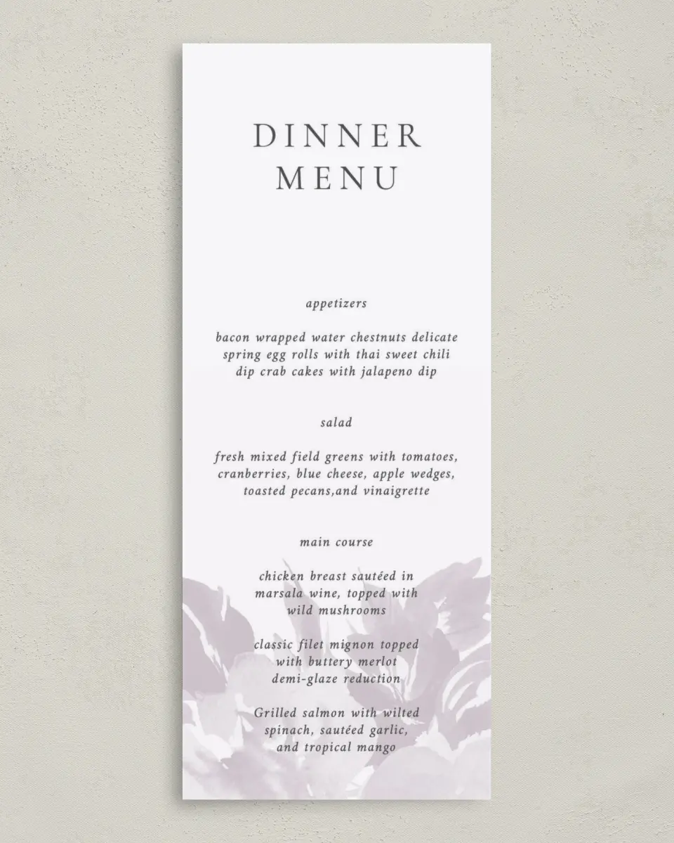 This is a 3⅝" x 8⅞" Wedding Menu Card called Floral Burst printed in full color on Premium Smooth paper