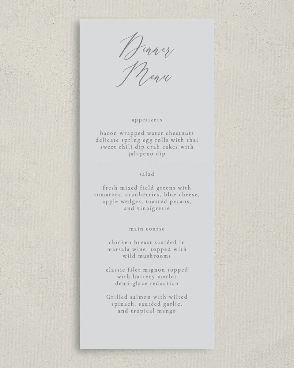 This is a 3⅝" x 8⅞" Wedding Menu Card called Timeless Order printed in full color on Premium Smooth paper