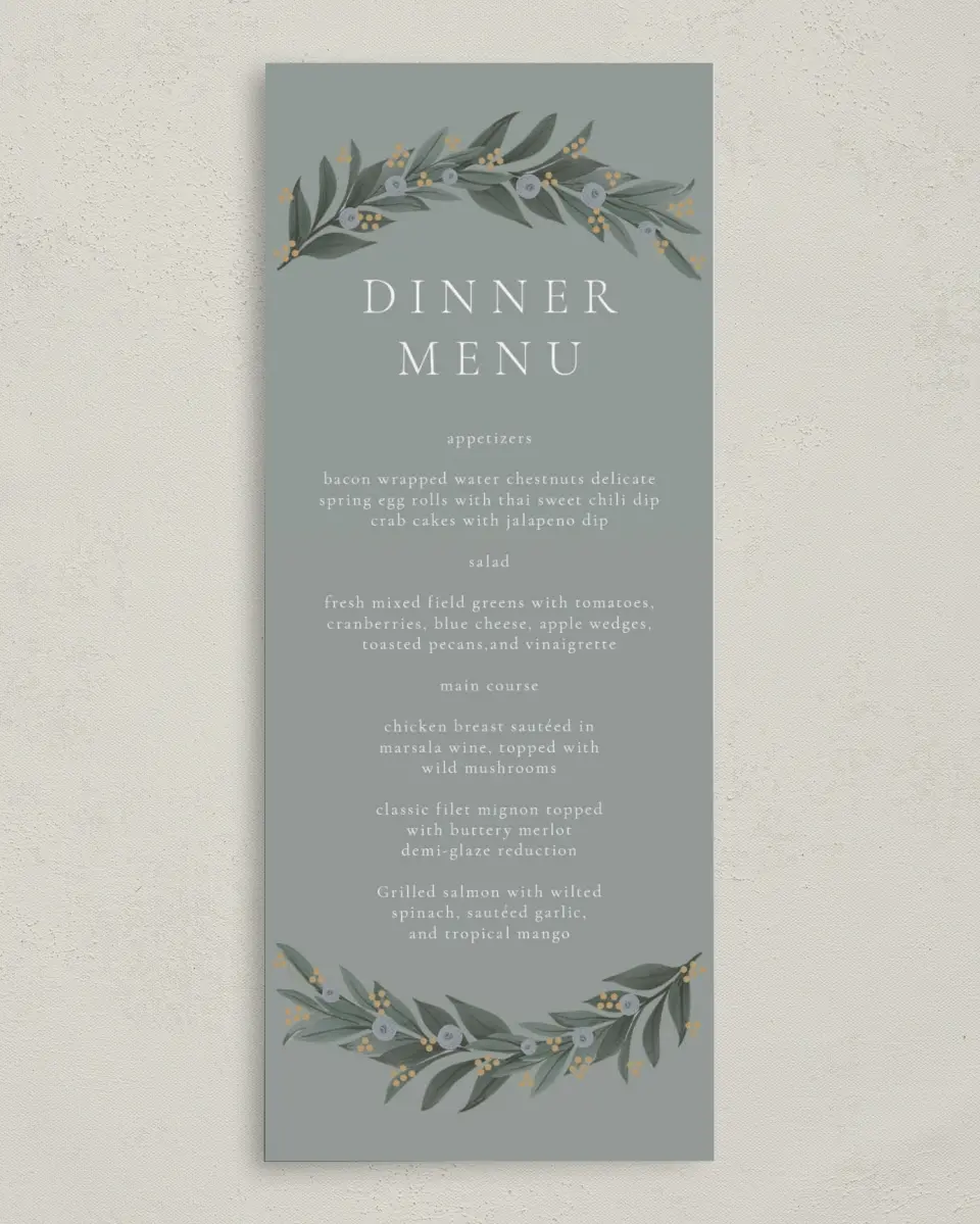 This is a 3⅝" x 8⅞" Wedding Menu Card called Majestic Love printed in full color on Premium Smooth paper