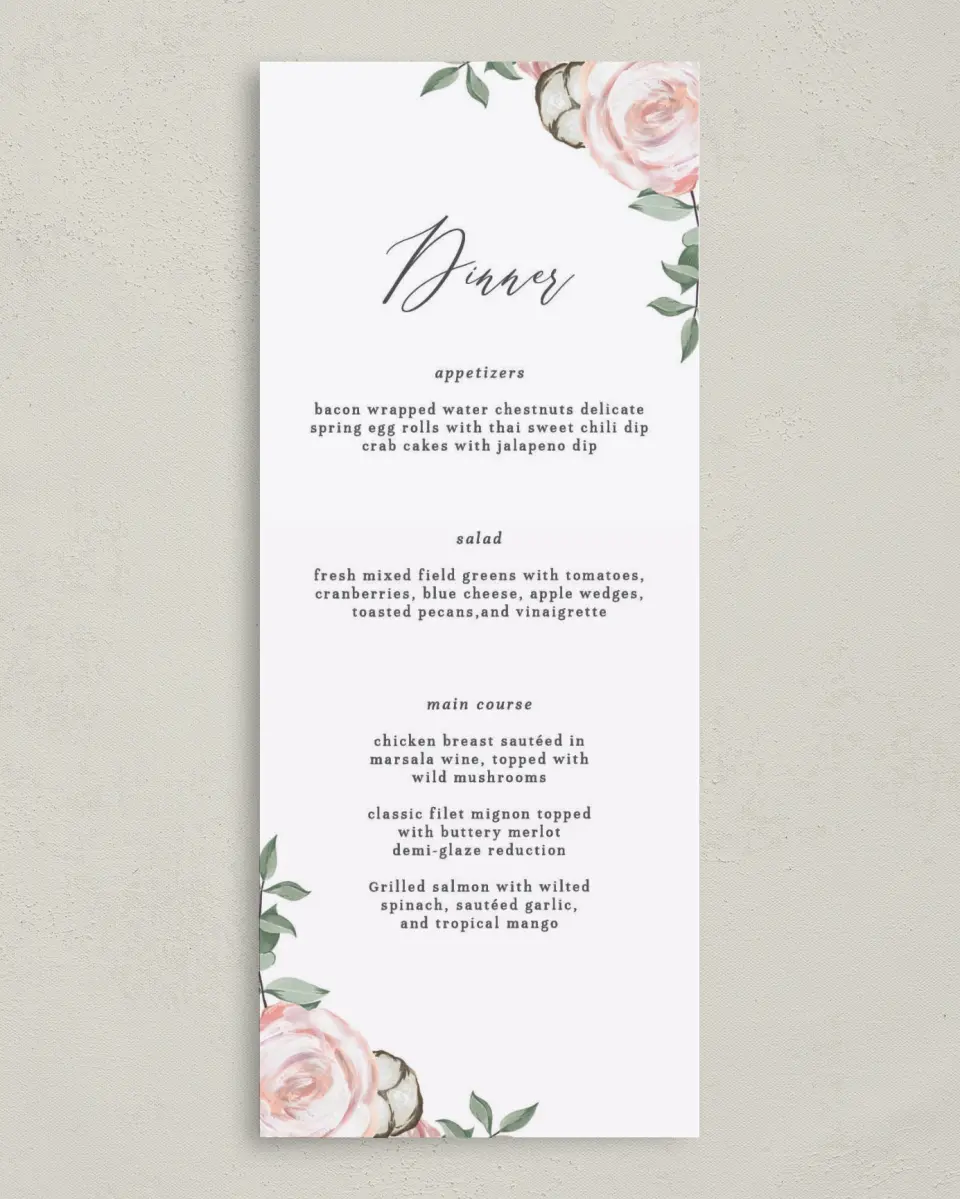 This is a 3⅝" x 8⅞" Wedding Menu Card called Soft Rose printed in full color on Premium Smooth paper
