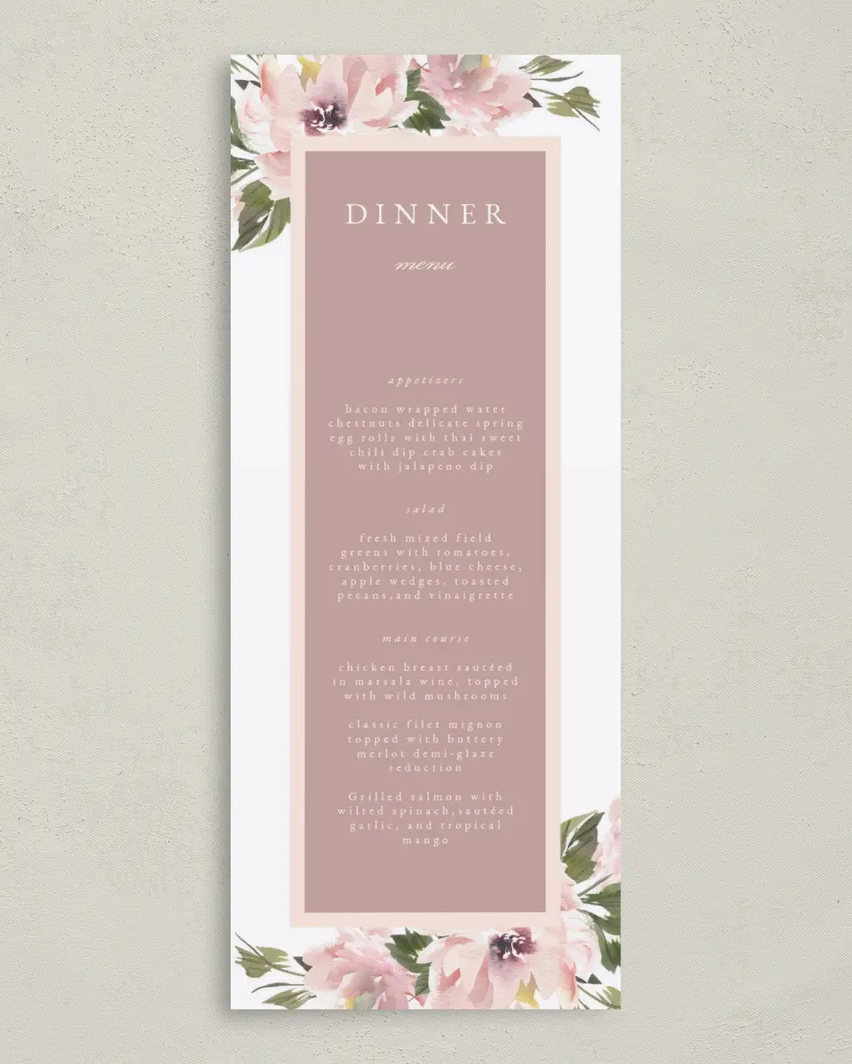 This is a 3⅝" x 8⅞" Wedding Menu Card called Sweet Floral printed in full color on Premium Smooth paper