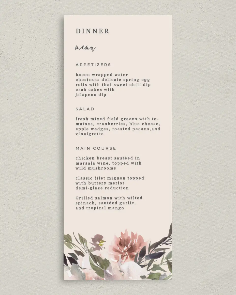 This is a 3⅝" x 8⅞" Wedding Menu Card called Natural Love printed in full color on Premium Smooth paper