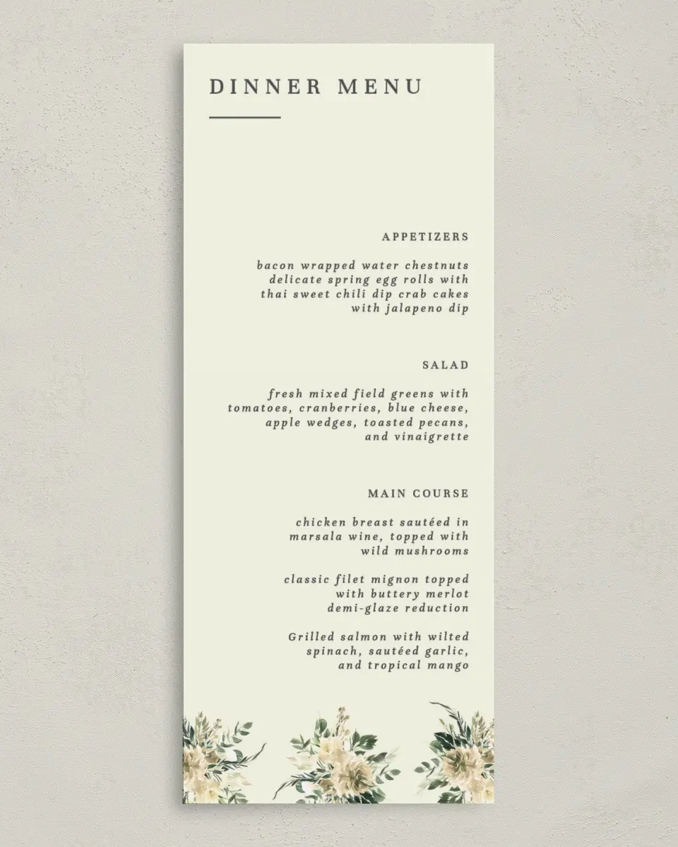 This is a 3⅝" x 8⅞" Wedding Menu Card called Honest Bouquet printed in full color on Premium Smooth paper