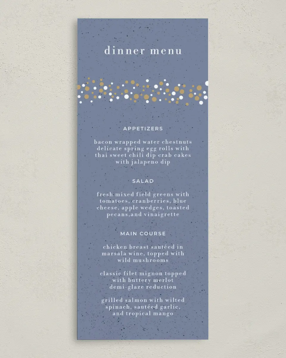This is a 3⅝" x 8⅞" Wedding Menu Card called Modern Countdown printed in full color on Premium Smooth paper