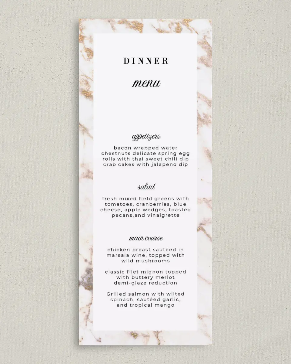 This is a 3⅝" x 8⅞" Wedding Menu Card called Classic Count printed in full color on Premium Smooth paper