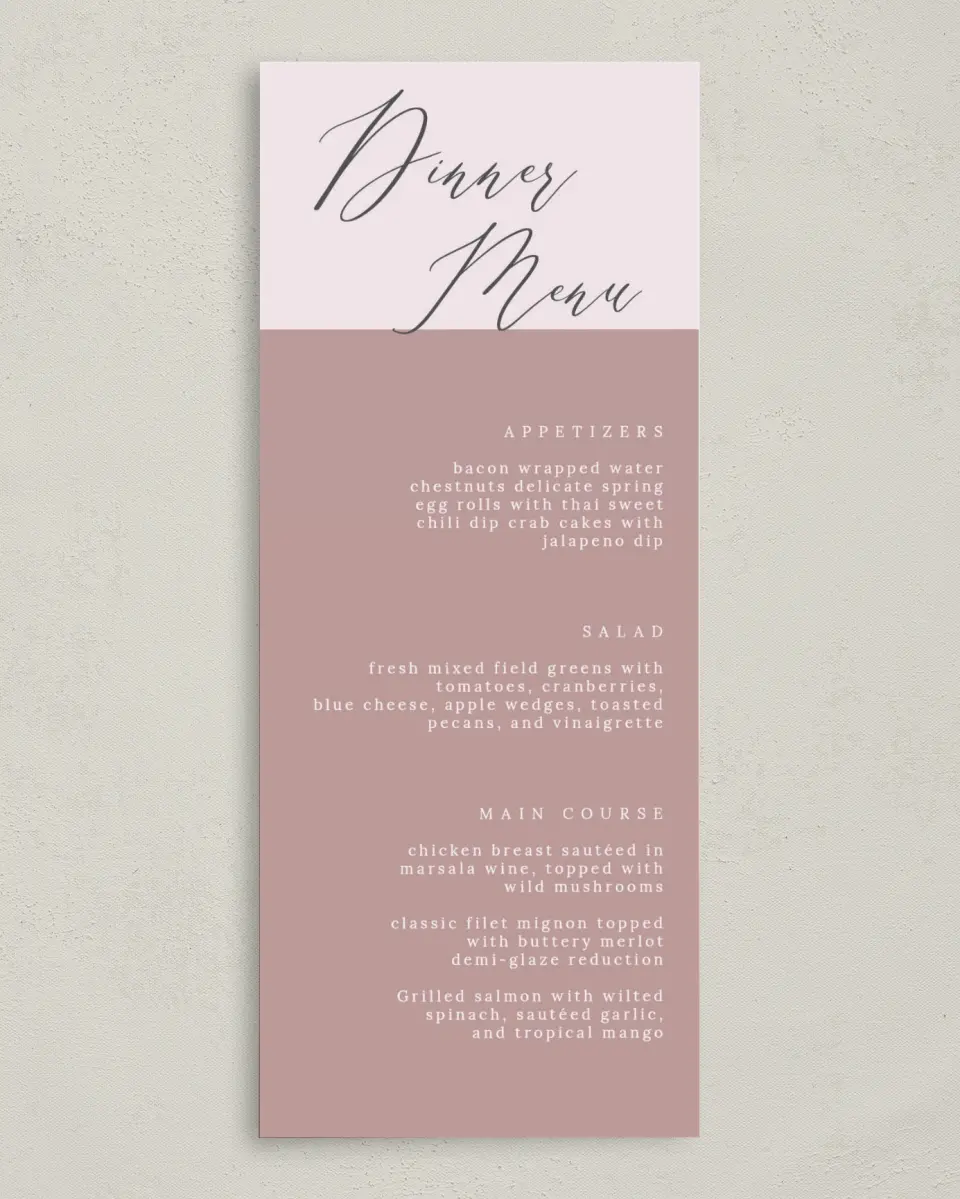 This is a 3⅝" x 8⅞" Wedding Menu Card called Gentle Touch printed in full color on Premium Smooth paper