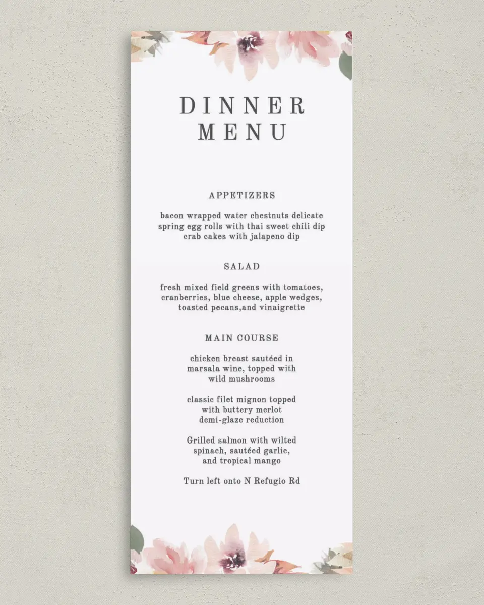 This is a 3⅝" x 8⅞" Wedding Menu Card called Natural Floral printed in full color on Premium Smooth paper