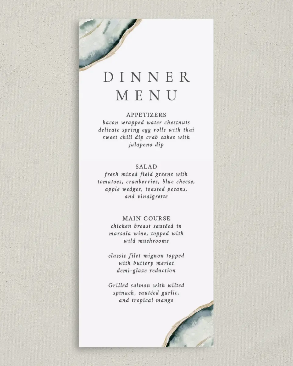 This is a 3⅝" x 8⅞" Wedding Menu Card called Rich Structure printed in full color on Premium Smooth paper