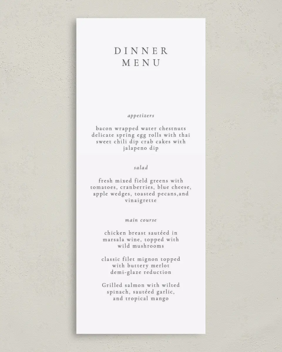 This is a 3⅝" x 8⅞" Wedding Menu Card called Modest Moment printed in full color on Premium Smooth paper