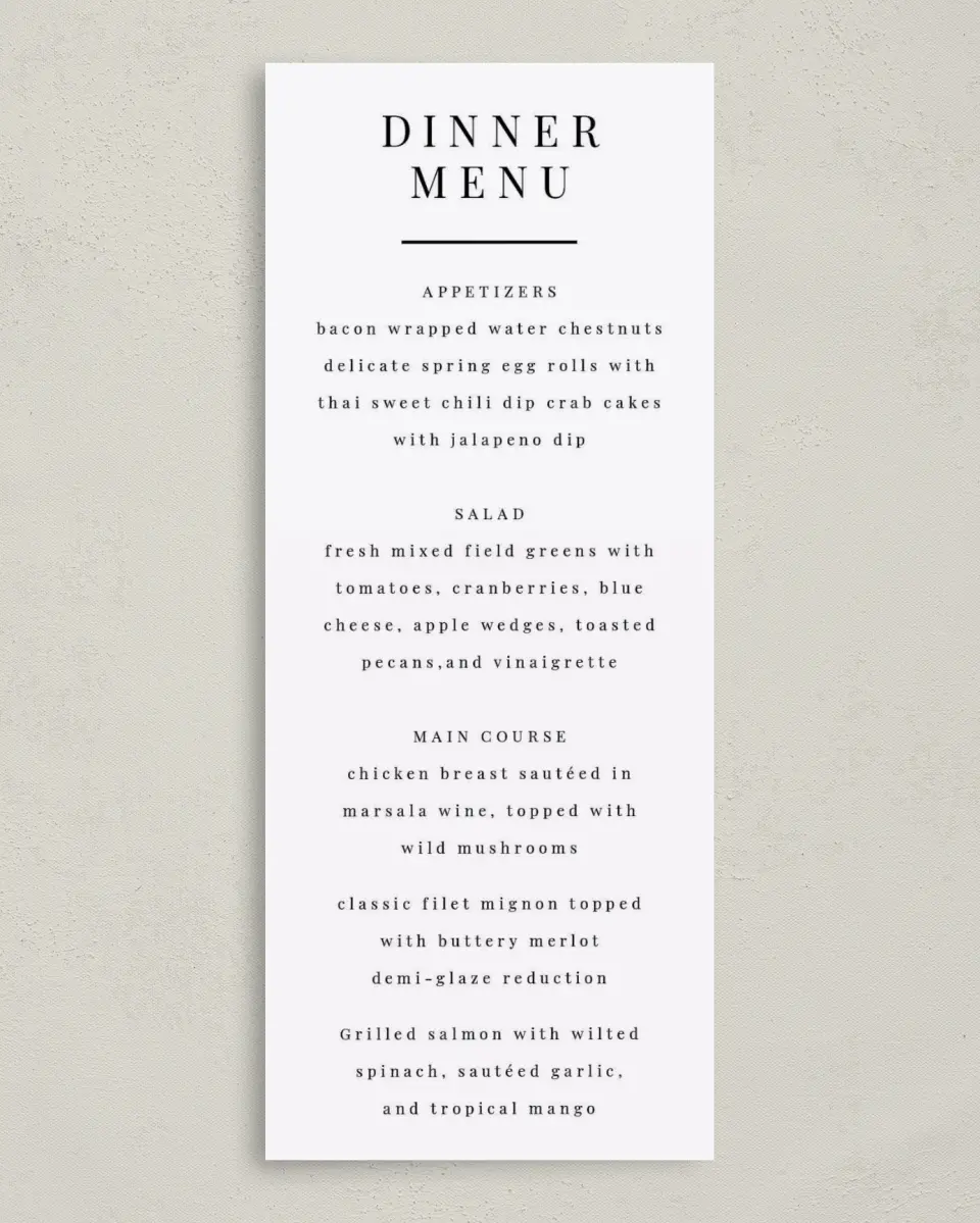 This is a 3⅝" x 8⅞" Wedding Menu Card called Pure Devotion printed in full color on Premium Smooth paper