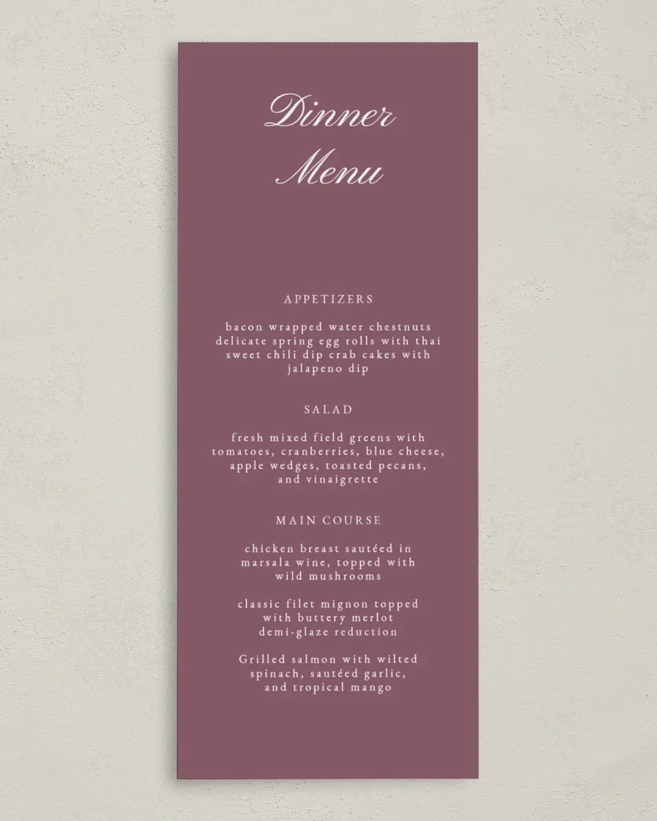 This is a 3⅝" x 8⅞" Wedding Menu Card called Quietly Quaint printed in full color on Premium Smooth paper