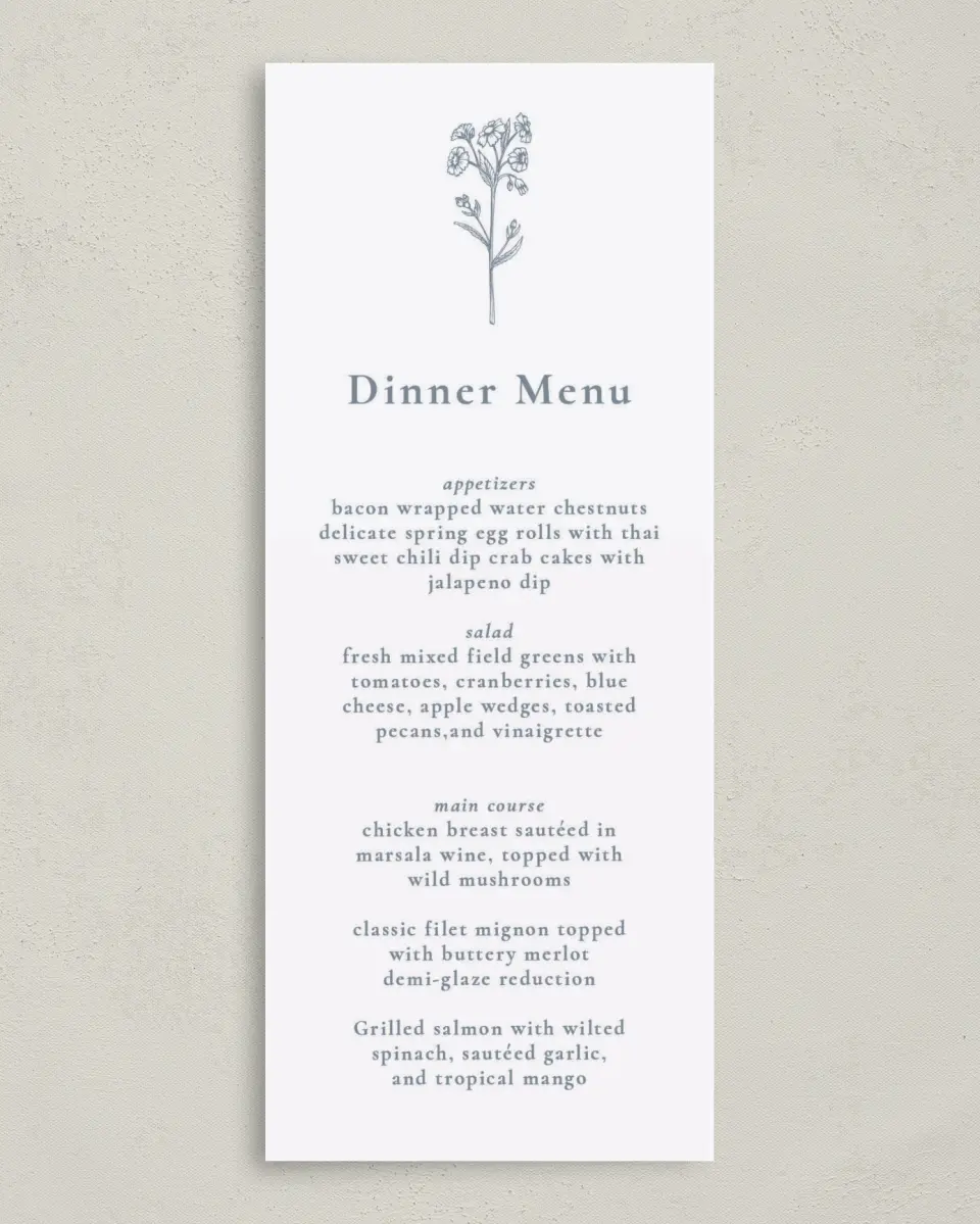 This is a 3⅝" x 8⅞" Wedding Menu Card called Fine Floret printed in full color on Premium Smooth paper